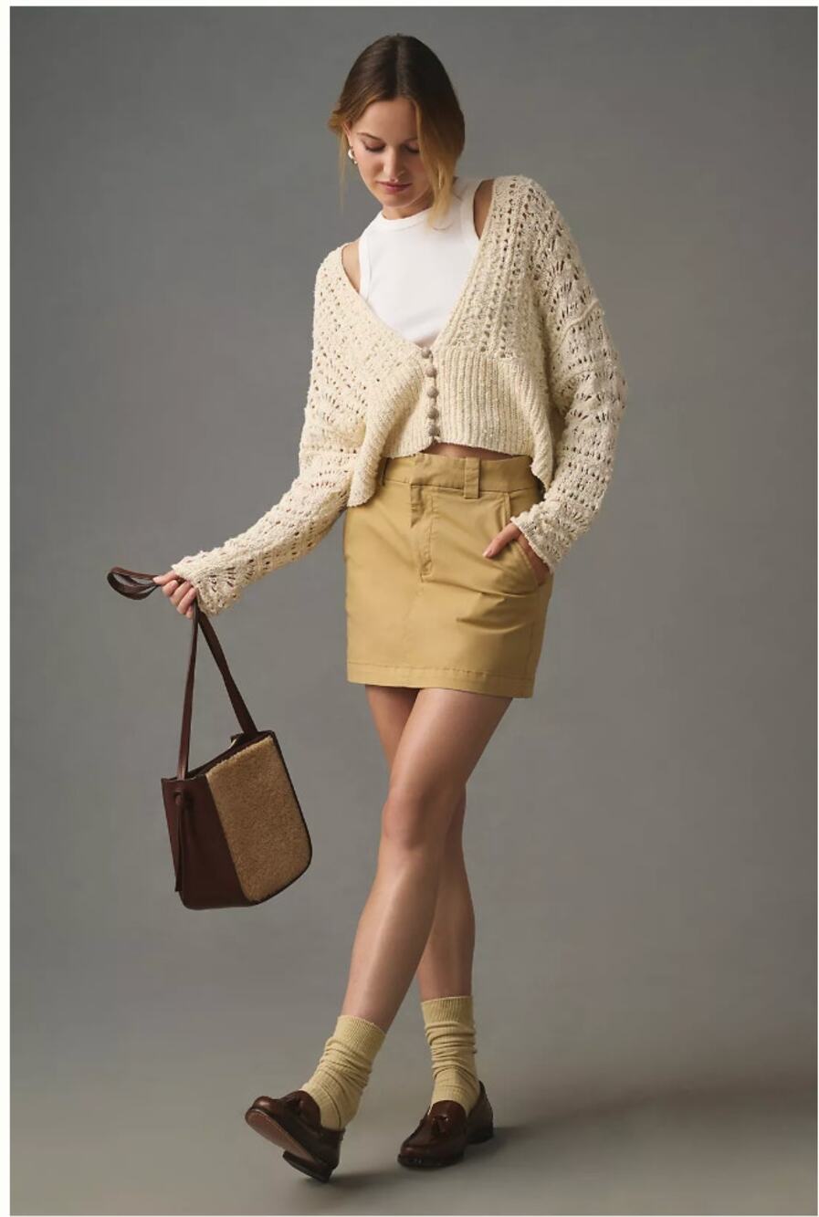 Anthropologie Bestie Cardigan Sweater XS Cream Crochet Cropped Cotton Knit